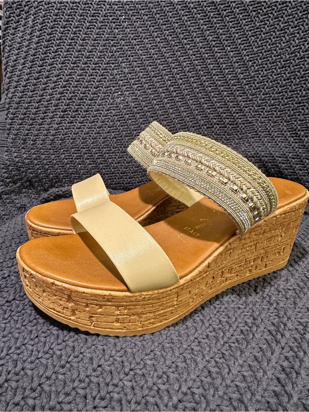 Embellished Cream Double-Band Wedge Sandals